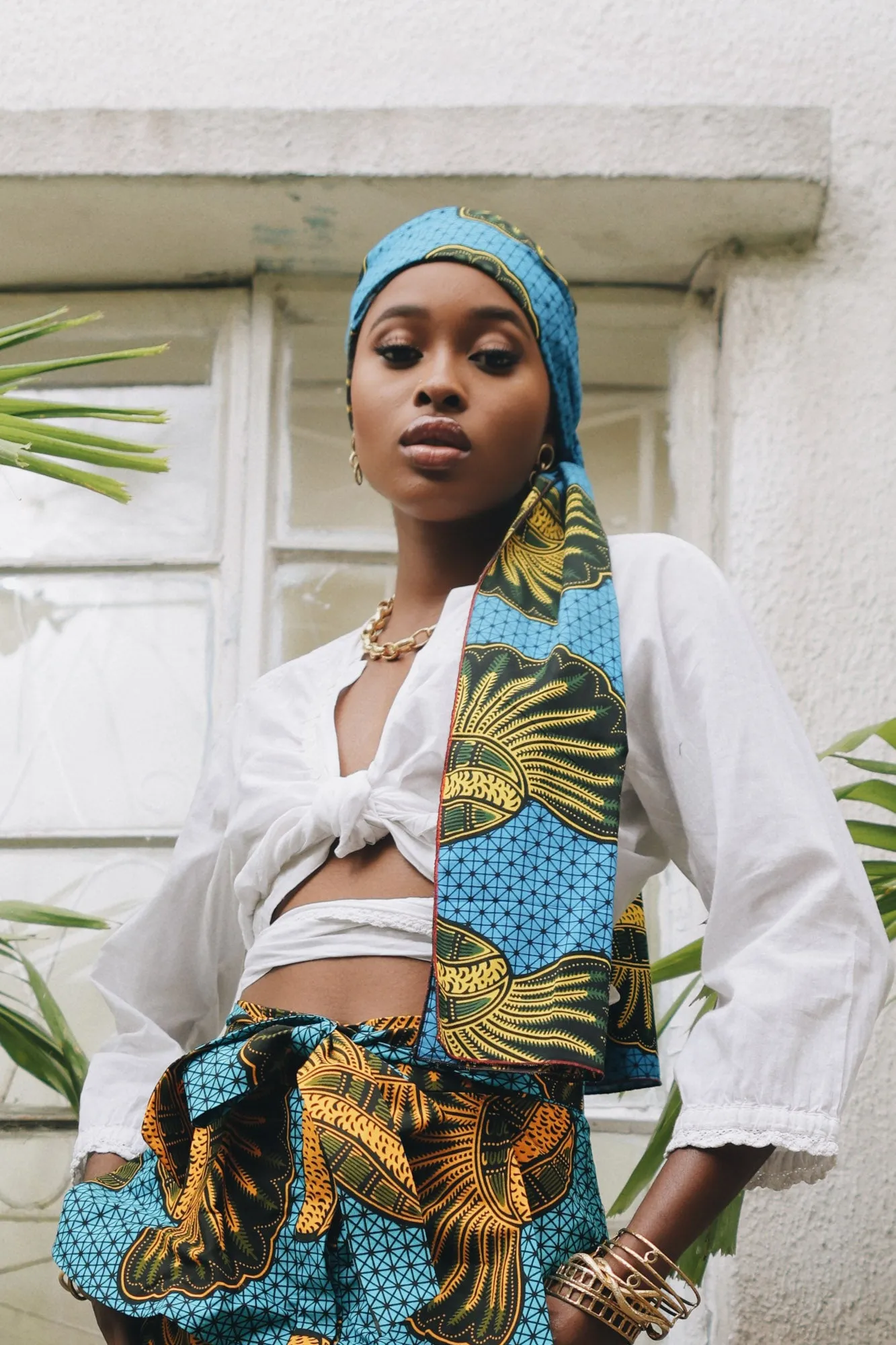 Peace Headwrap - Blue and Yellow African Ankara Wax Cotton Print