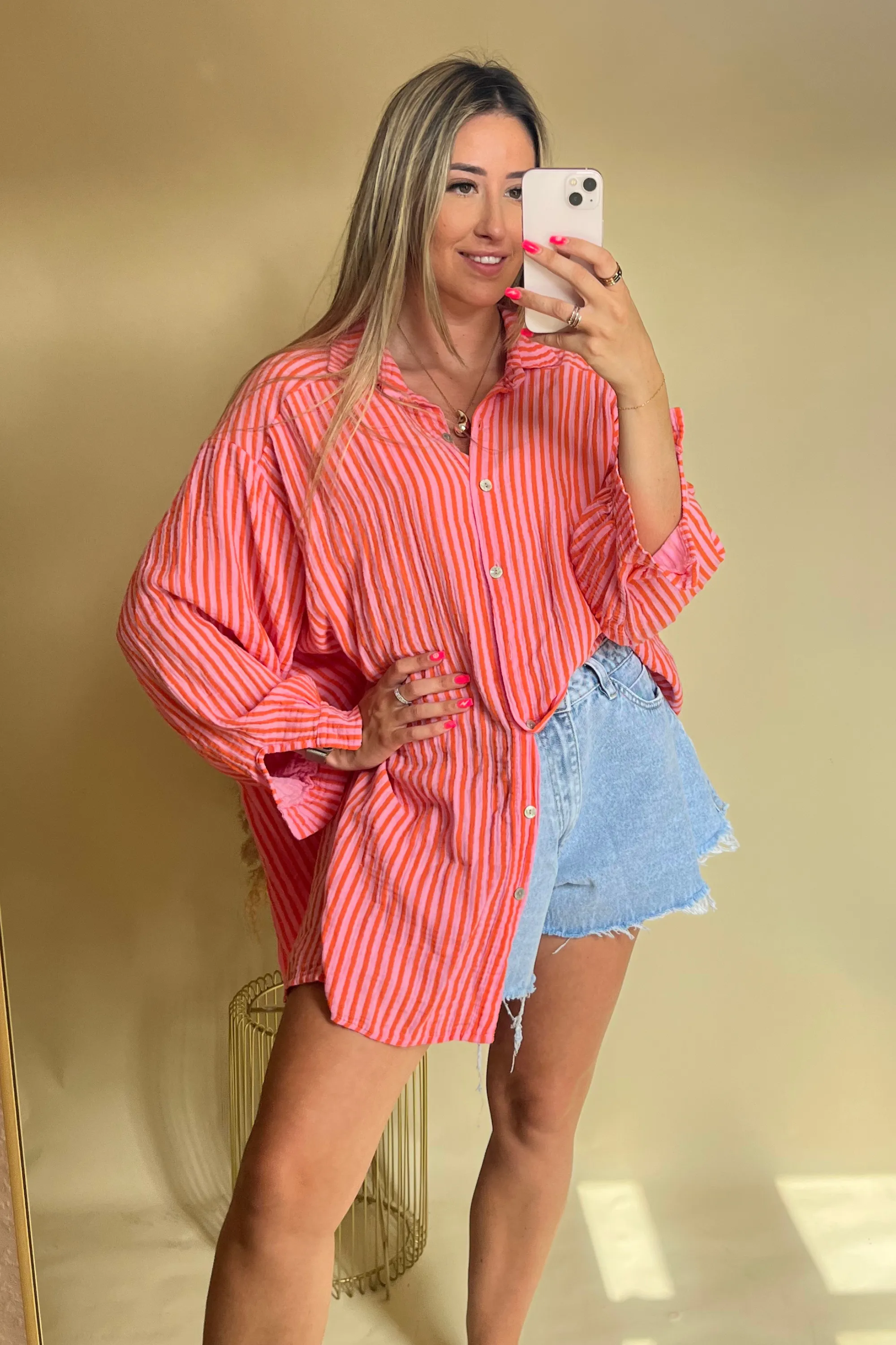 Pink & Orange stripe cheesecloth shirt