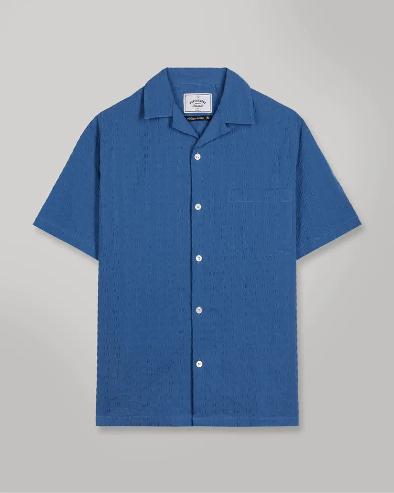 Portuguese Flannel Big Square Seersucker Short Sleeve Shirt - Blue