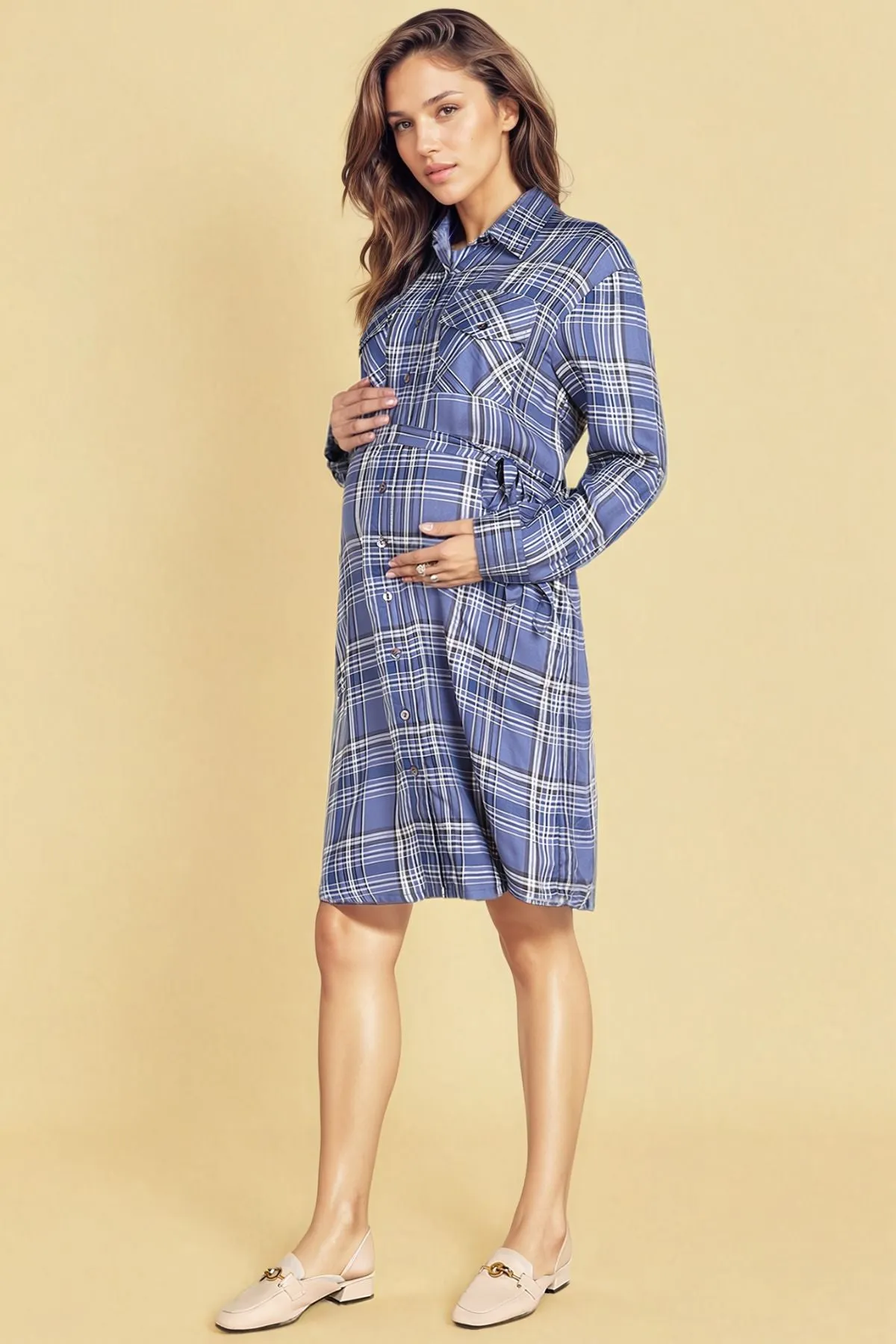 Powder Blue 100% Viscose Rayon Check Shirt Dress