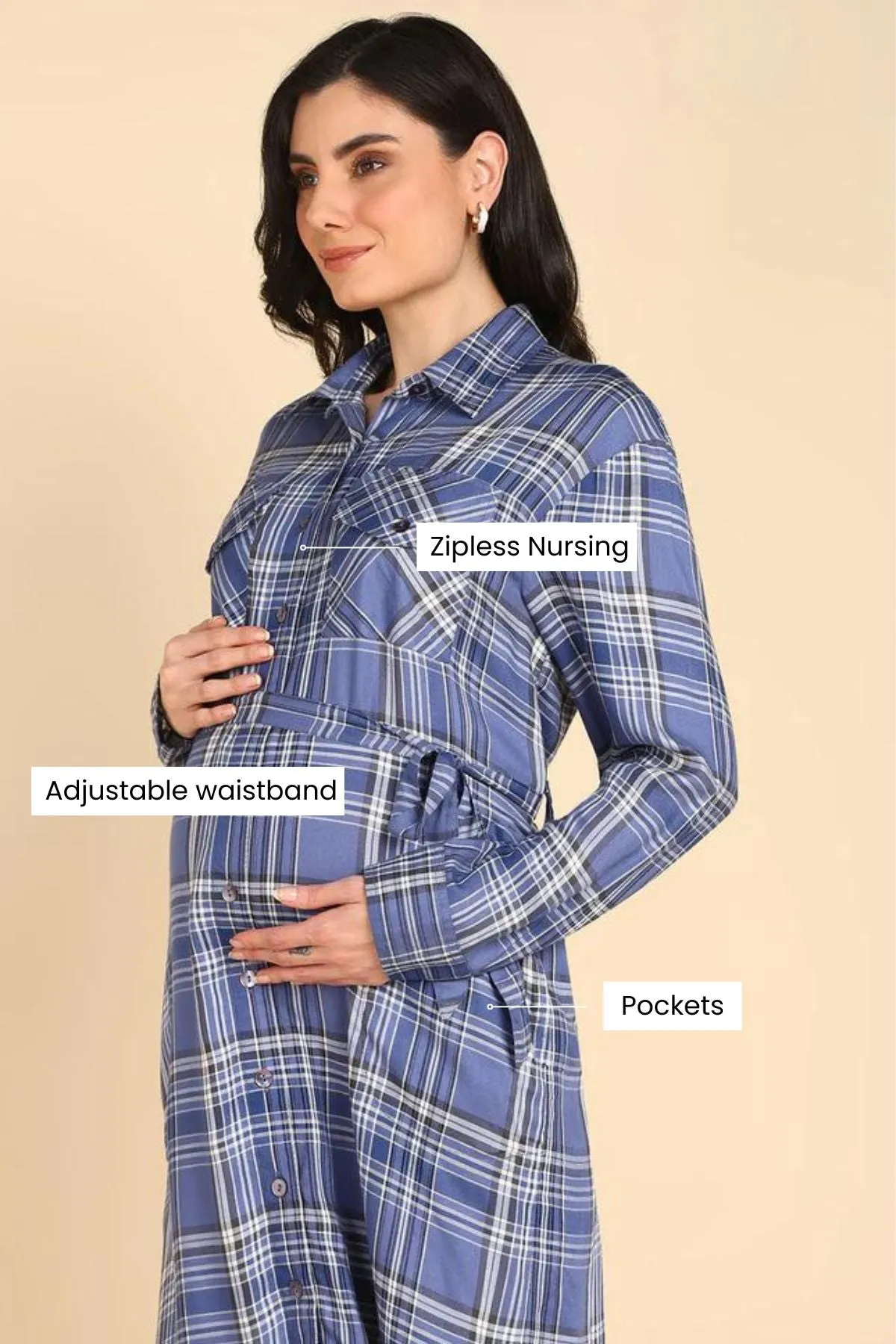 Powder Blue 100% Viscose Rayon Check Shirt Dress