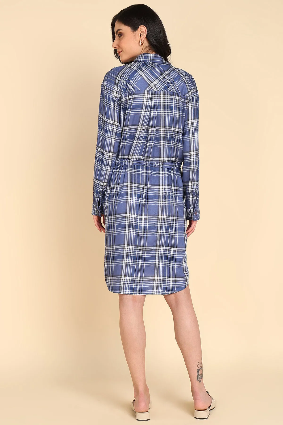 Powder Blue 100% Viscose Rayon Check Shirt Dress