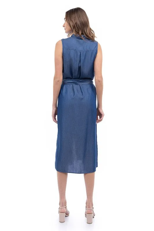 QUINN SLEEVELESS CHAMBRAY DRESS