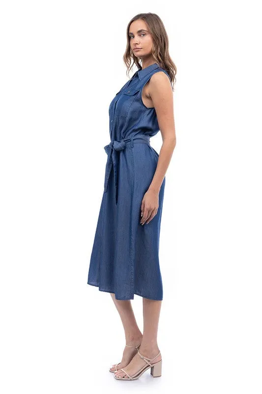 QUINN SLEEVELESS CHAMBRAY DRESS