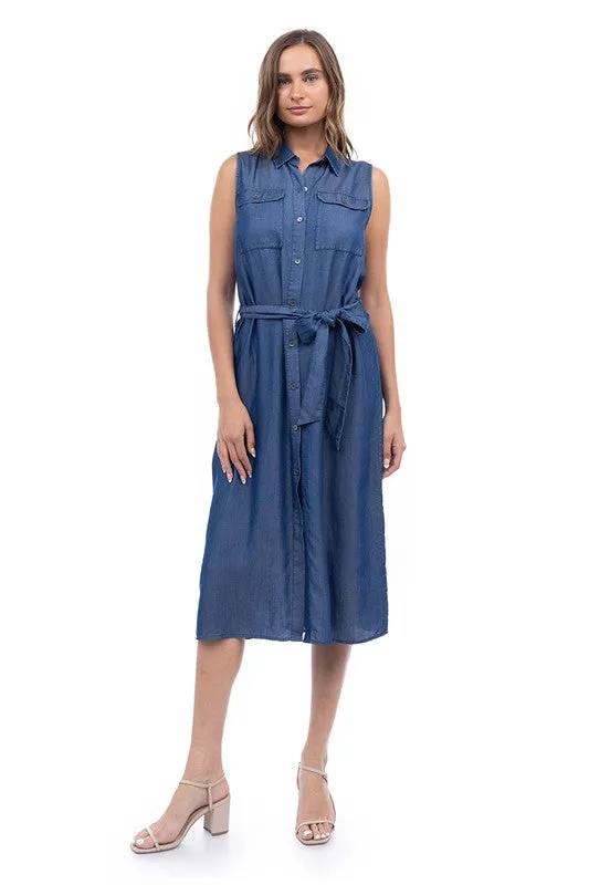 QUINN SLEEVELESS CHAMBRAY DRESS