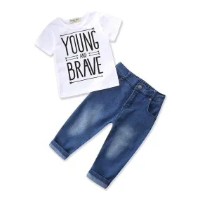 "YOUNG & BRAVE" PRINTED GRAPHIC TEE AND PANTS