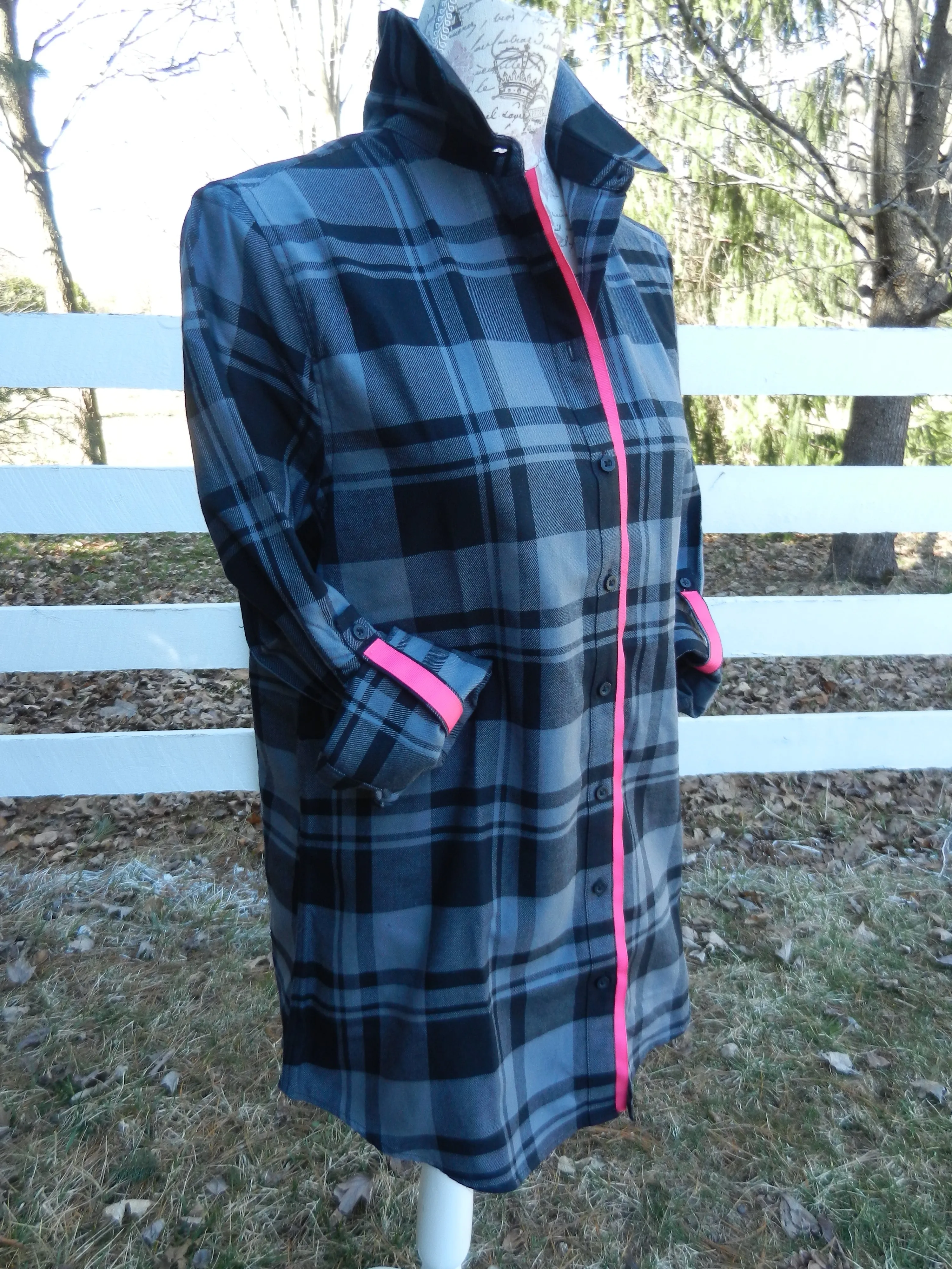 Saturday Tunic Grey Plaid w Pink Ribbon (Sat Grey-Pink)