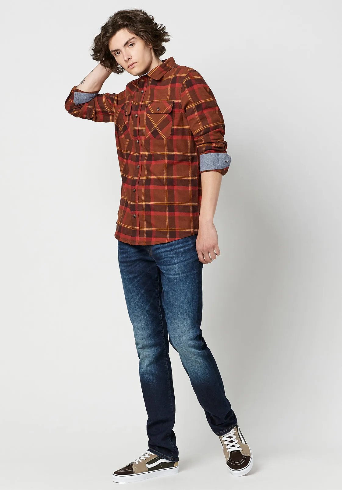 Sawood Men's Long-Sleeve Shirt in Orange Plaid - BM23665