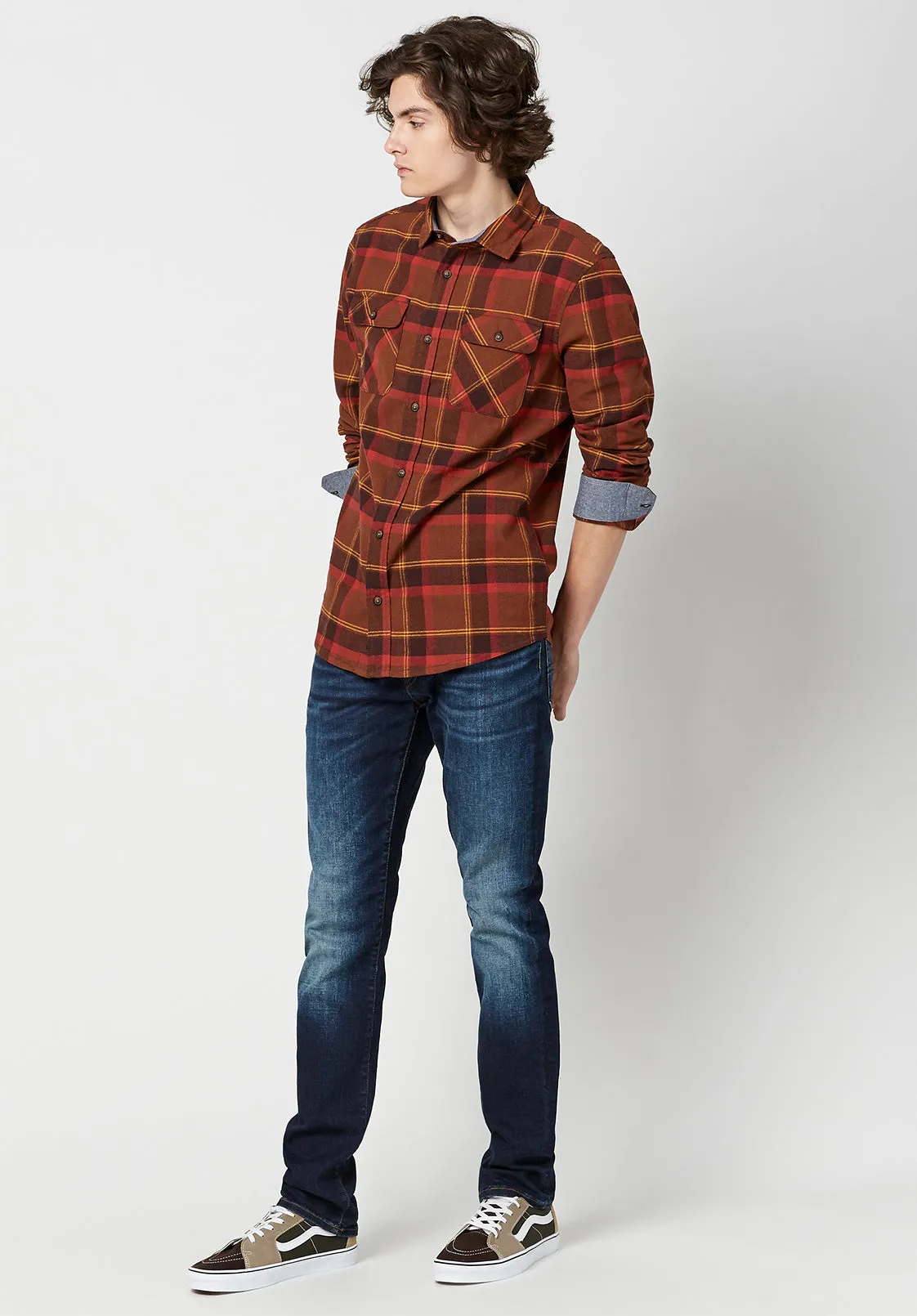 Sawood Men's Long-Sleeve Shirt in Orange Plaid - BM23665