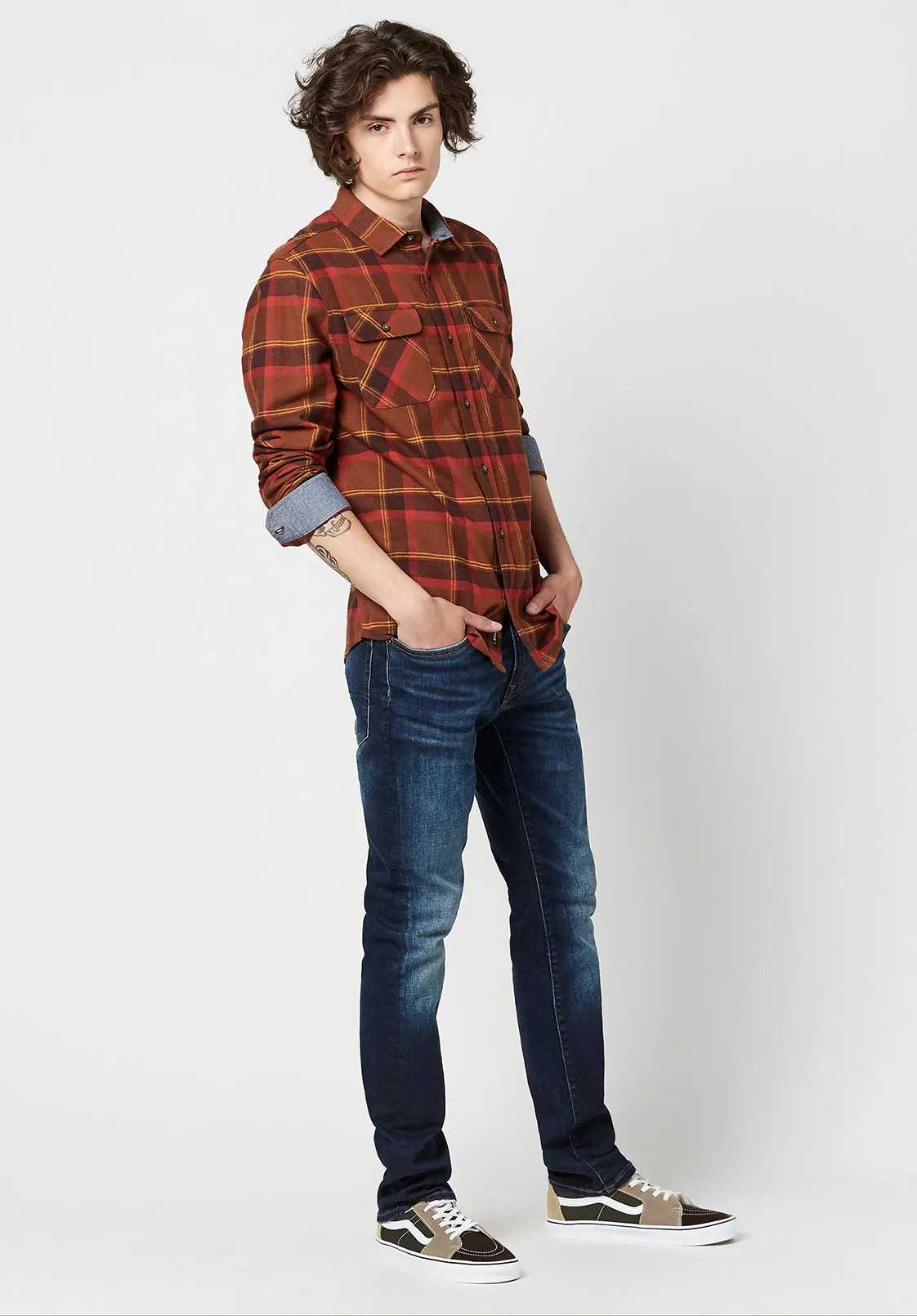 Sawood Men's Long-Sleeve Shirt in Orange Plaid - BM23665