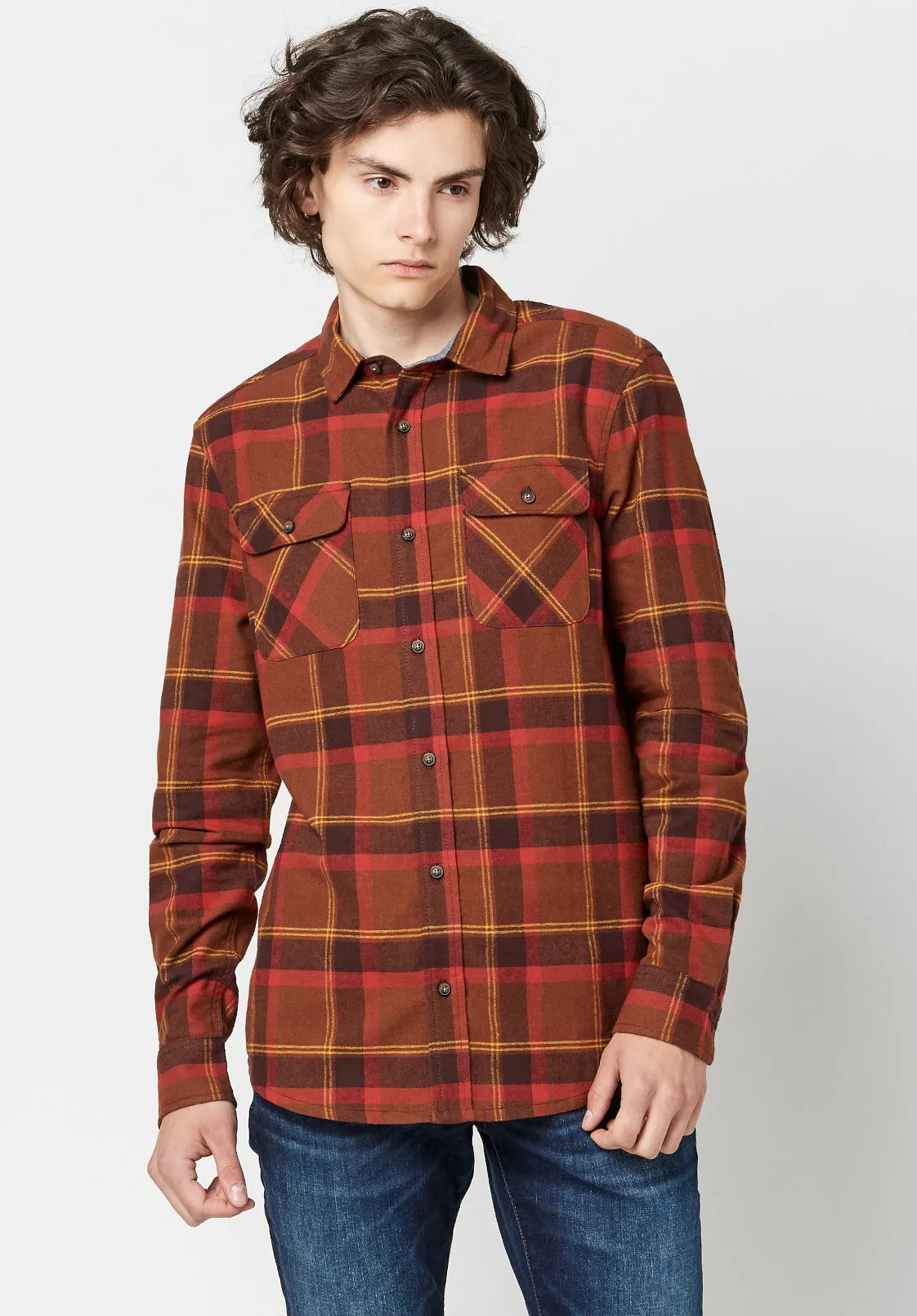 Sawood Men's Long-Sleeve Shirt in Orange Plaid - BM23665