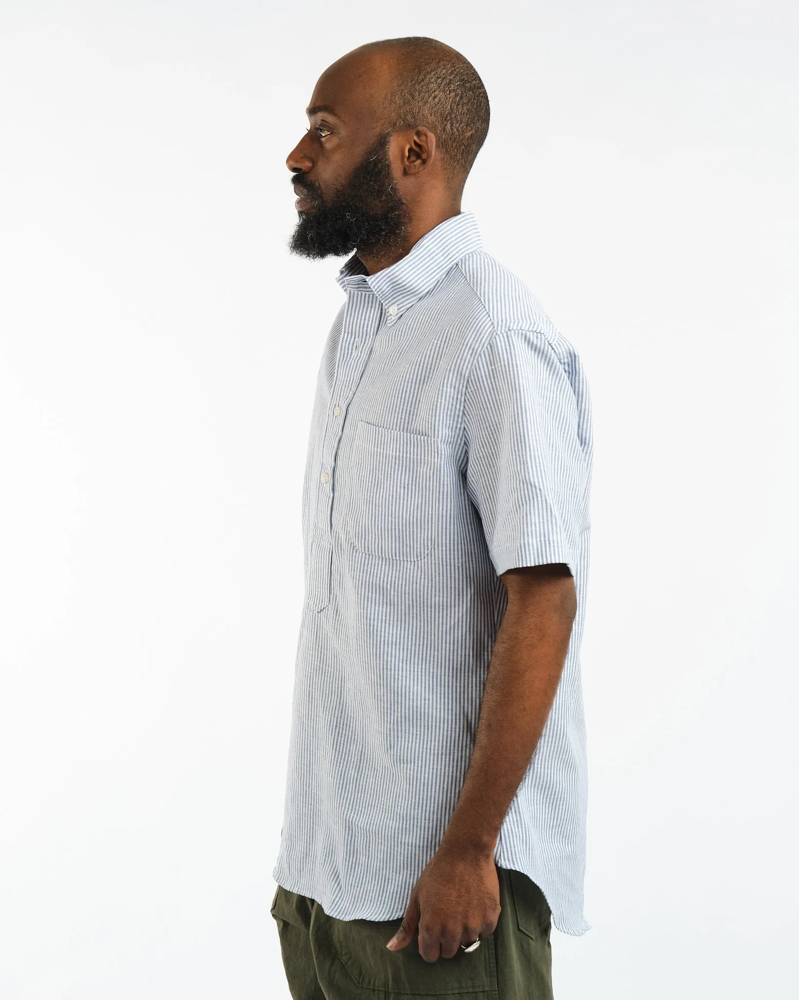 SS Button Down Popover Blue Stripe Linen