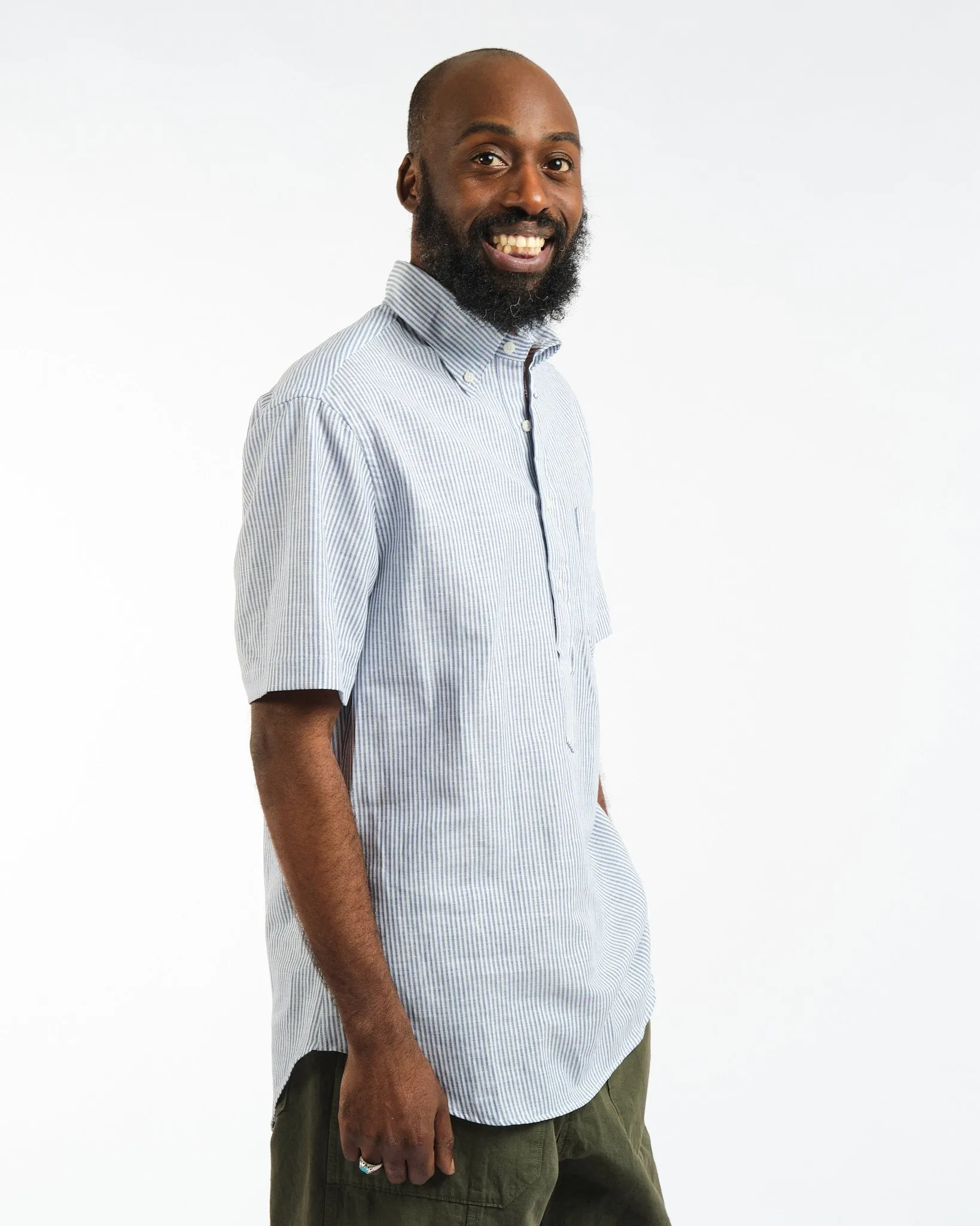 SS Button Down Popover Blue Stripe Linen