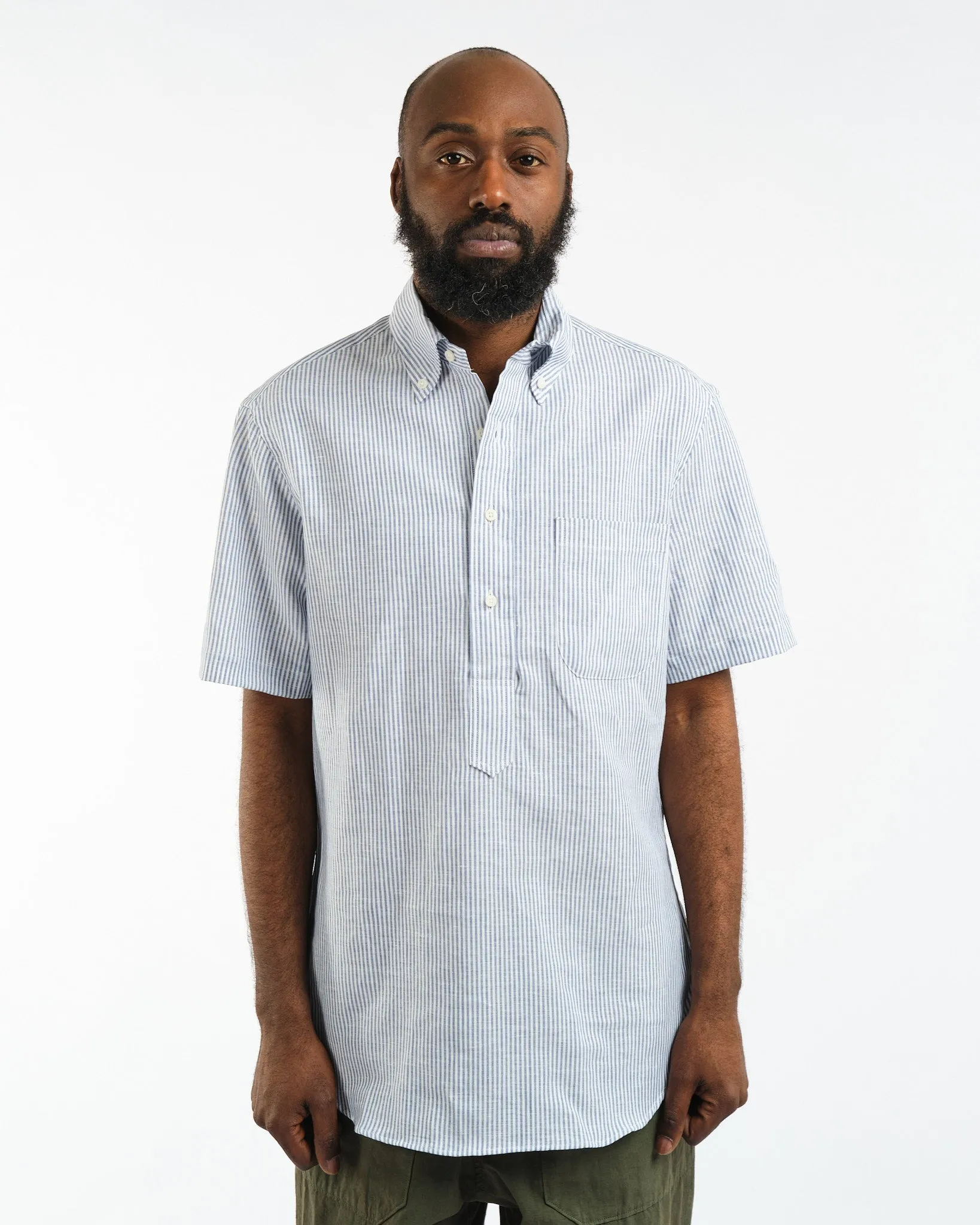 SS Button Down Popover Blue Stripe Linen