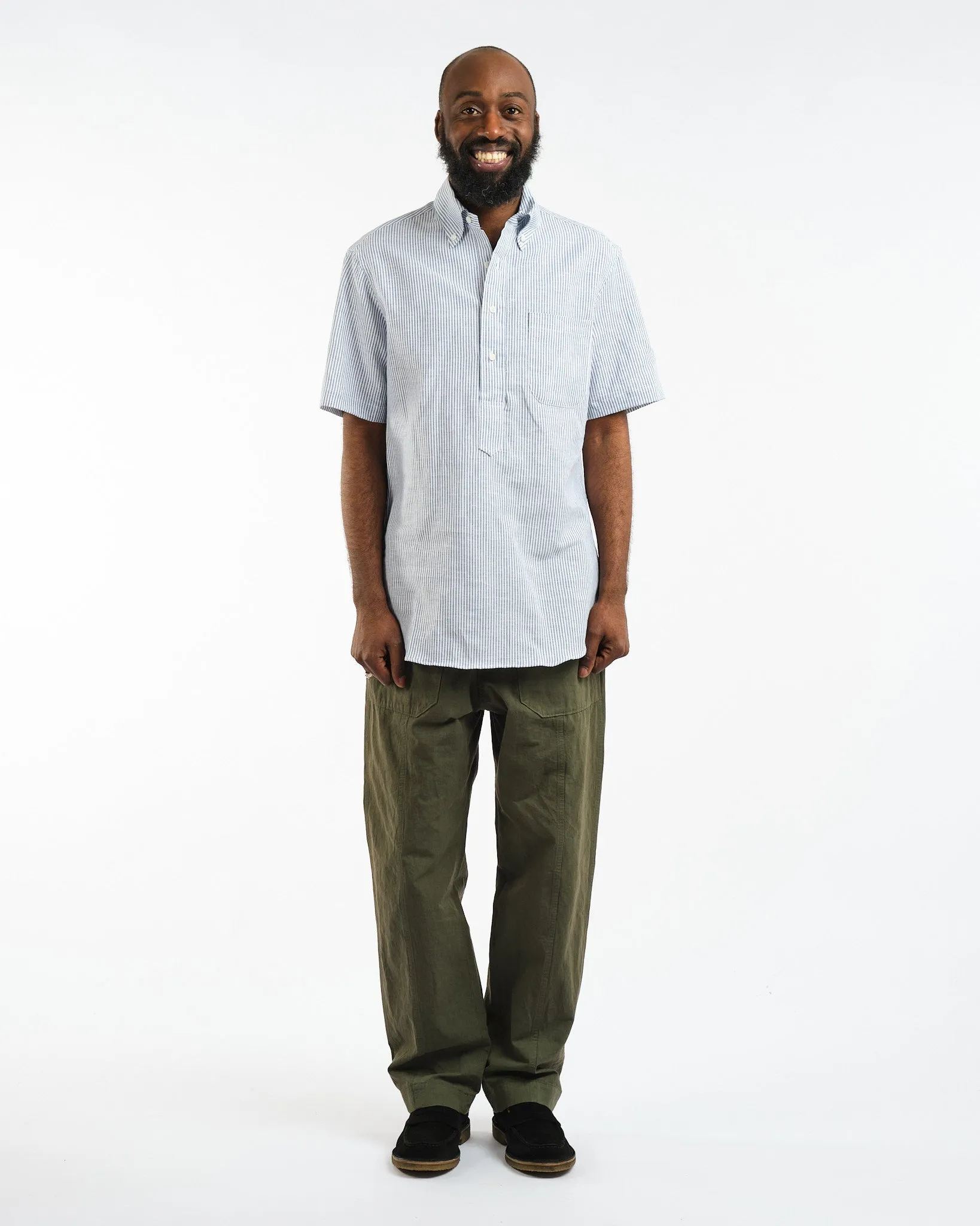 SS Button Down Popover Blue Stripe Linen