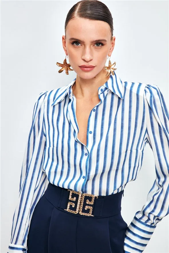 Striped Padding Detailed Shirt - Blue