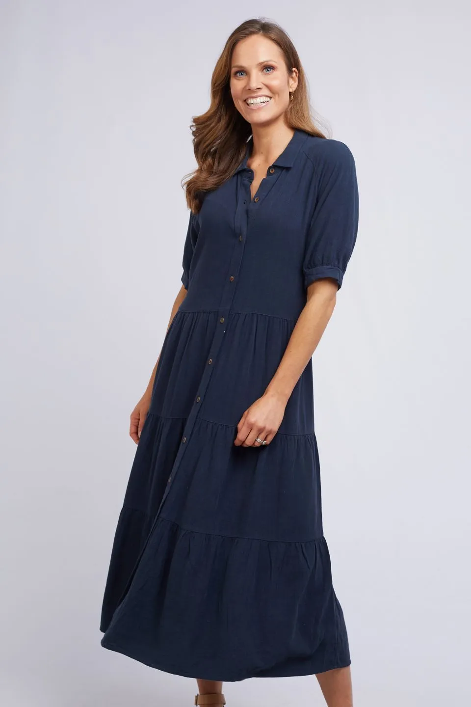 Sunny Days Crop Sleeve Navy Button Front Midi Dress