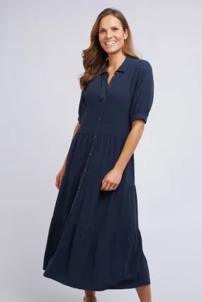 Sunny Days Crop Sleeve Navy Button Front Midi Dress