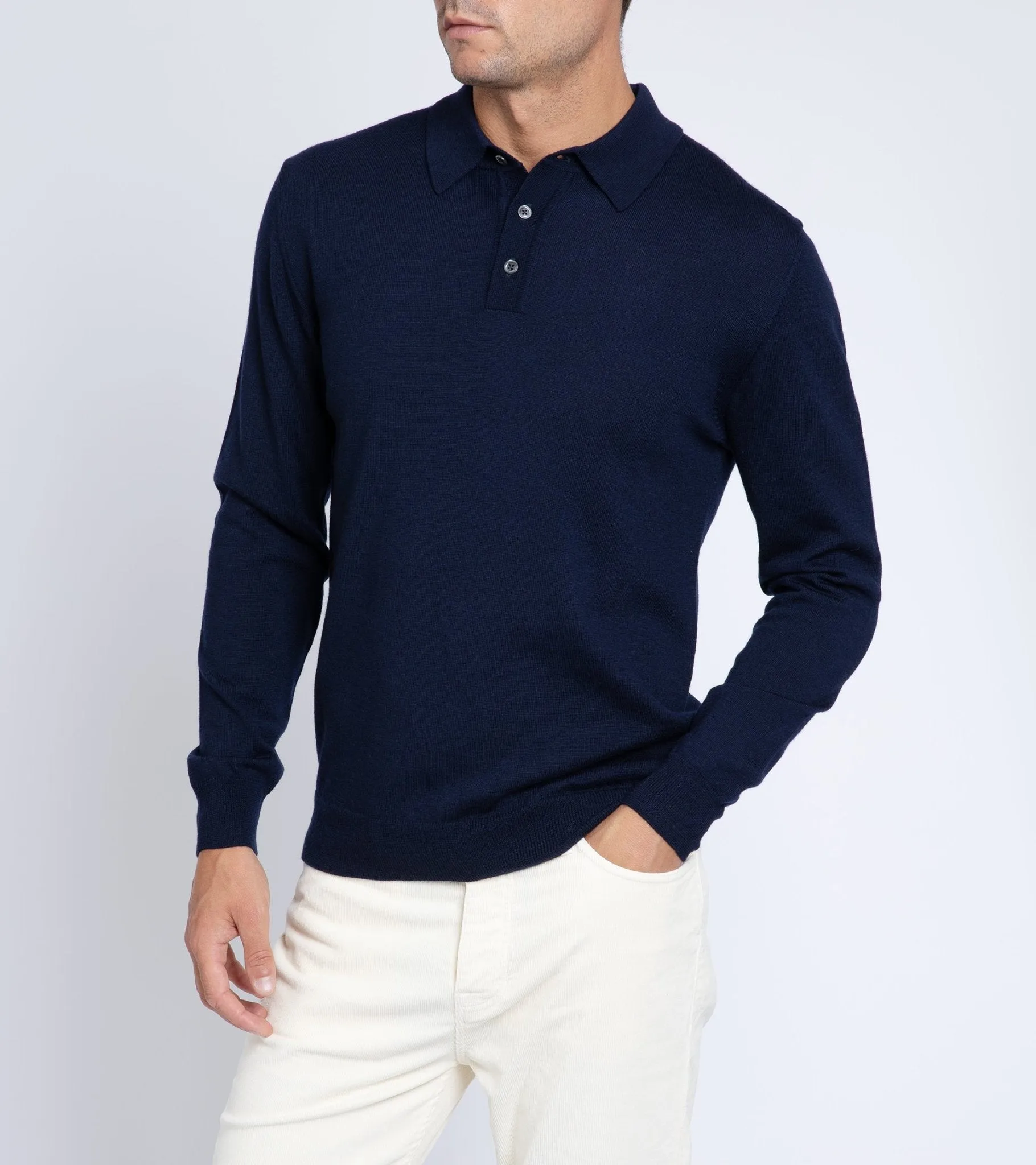 Trunk Enford Merino Knit Long Sleeve Polo Shirt: Navy