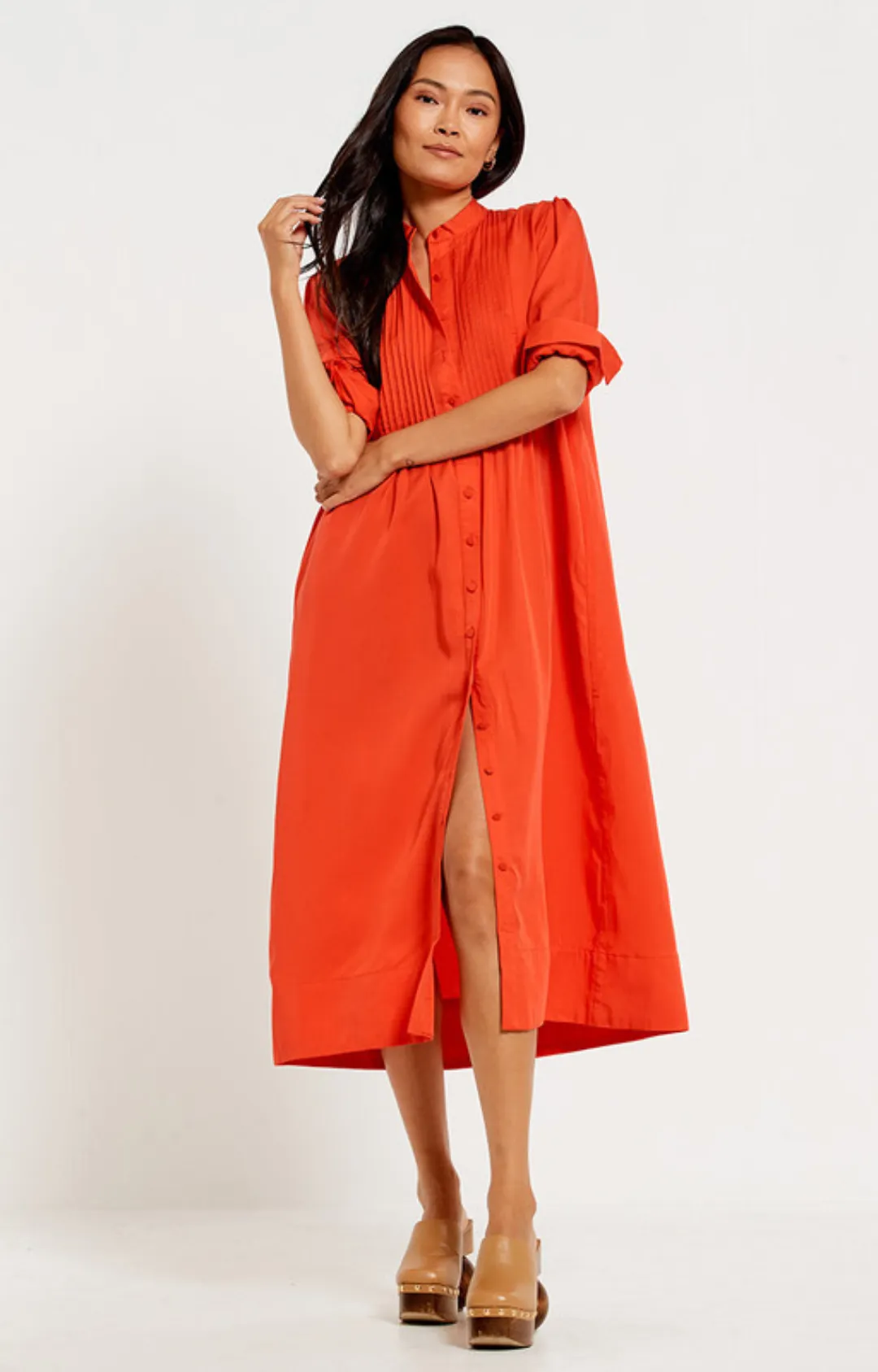 Tuxedo Bib Midi Dress - Blood Orange