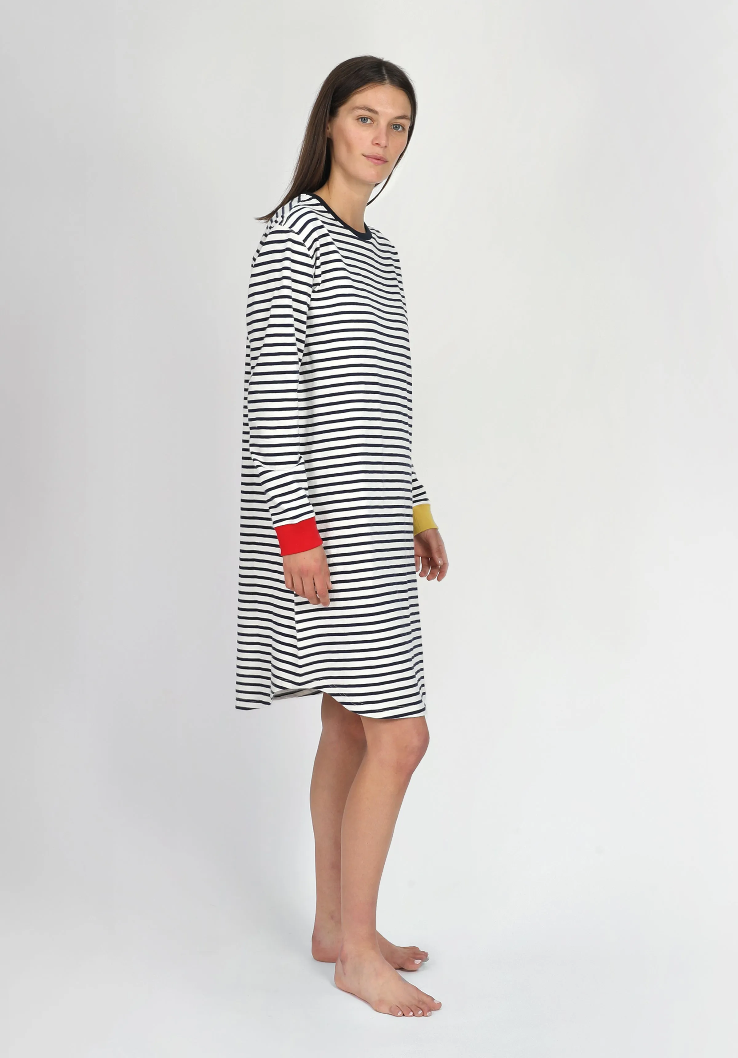 Twyla T-Shirt Dress in White & Navy Striped Jersey Colorblock