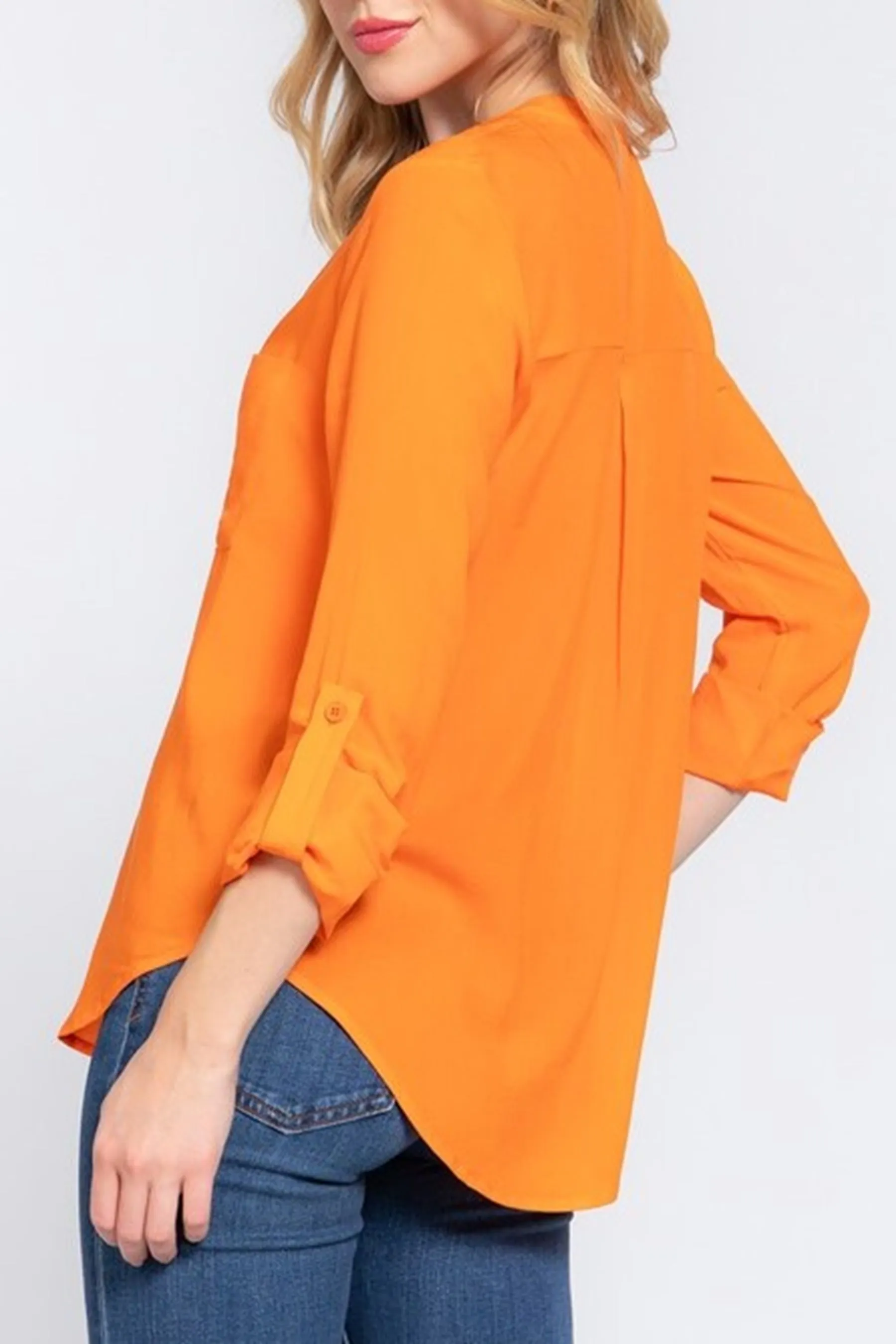 Women's Casual Long Sleeve Split Round Neck Button Down Shirt