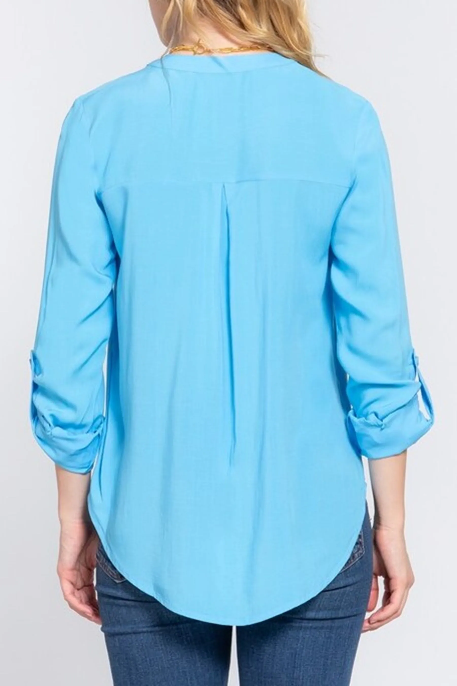 Women's Casual Long Sleeve Split Round Neck Button Down Shirt