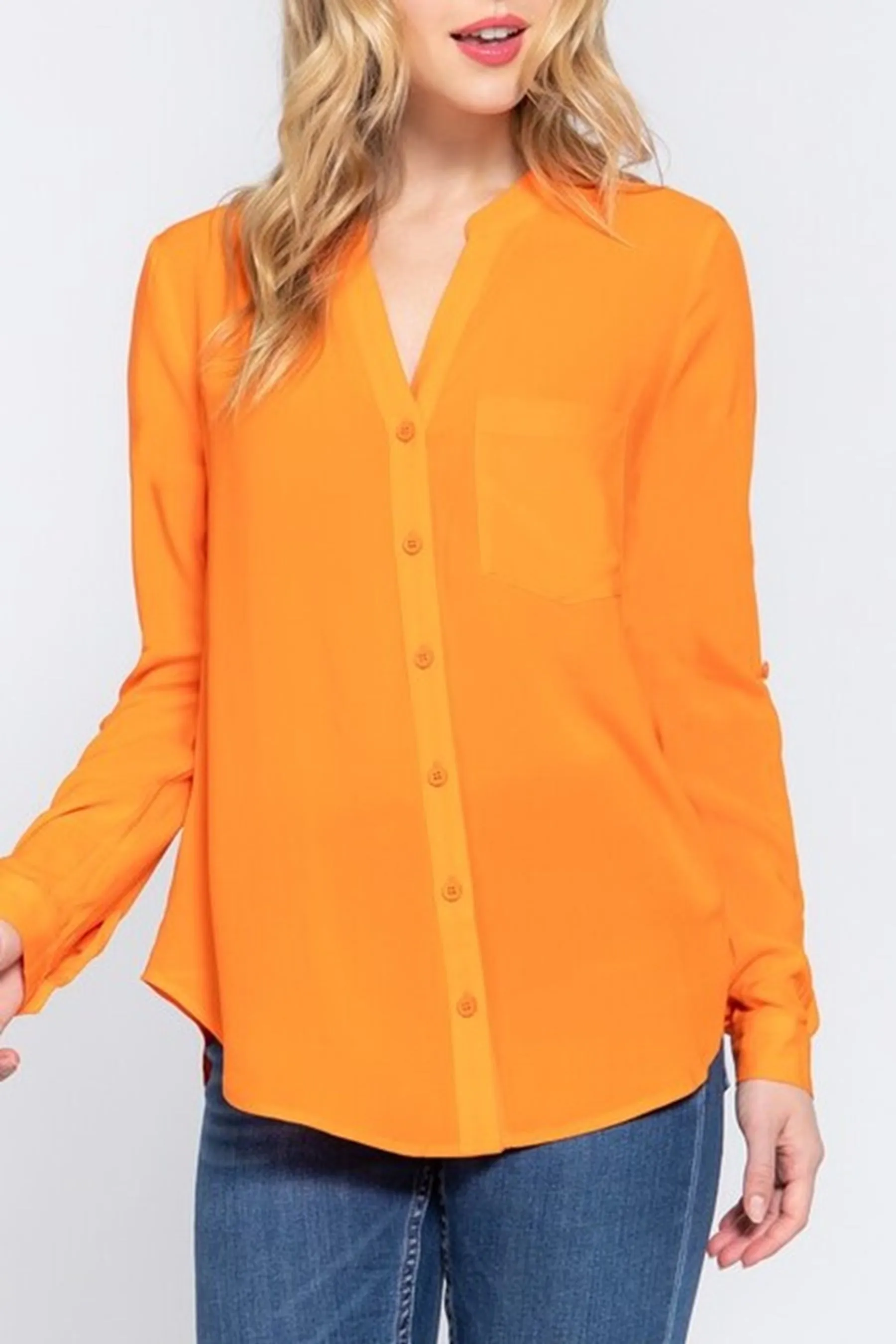 Women's Casual Long Sleeve Split Round Neck Button Down Shirt