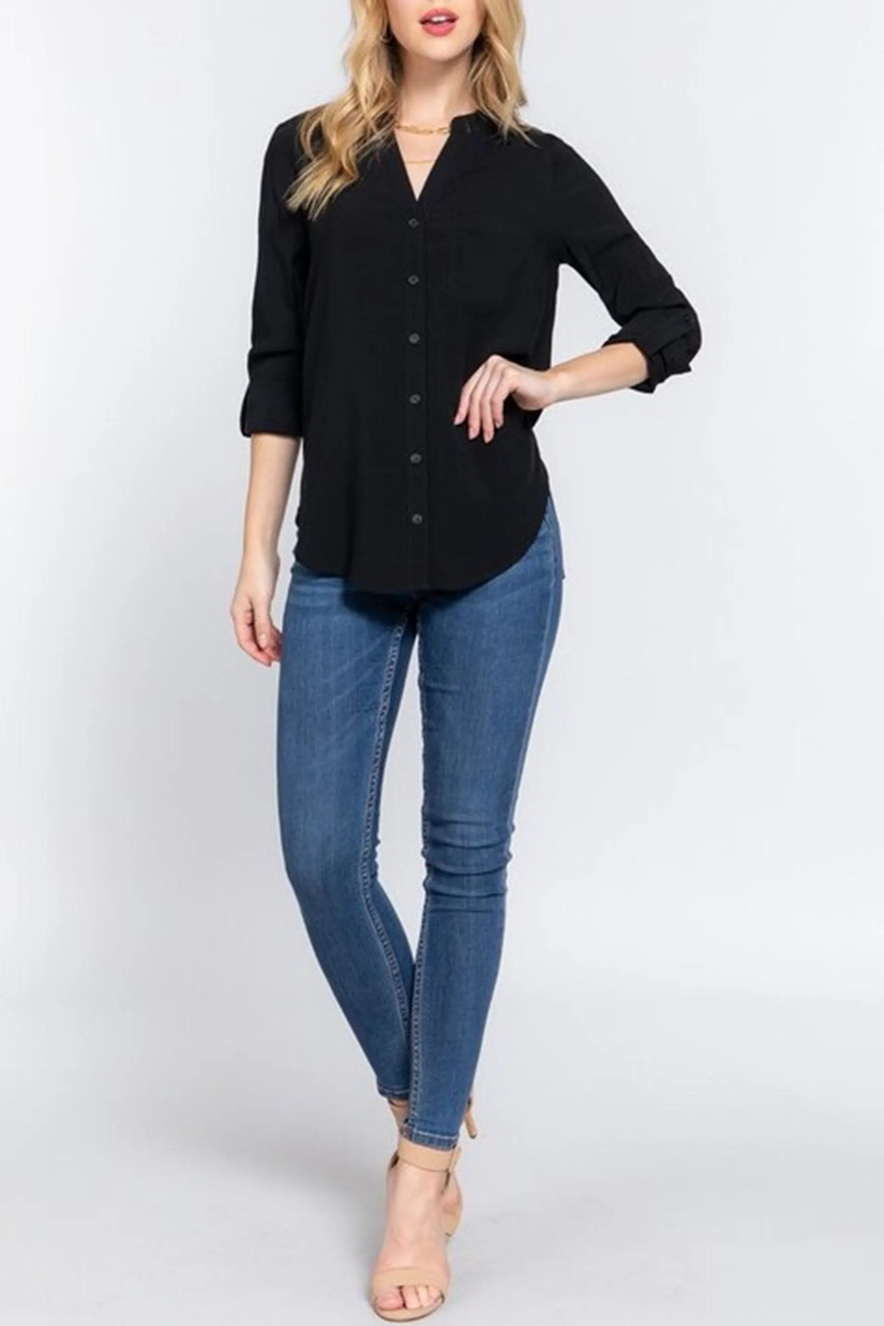 Women's Casual Long Sleeve Split Round Neck Button Down Shirt