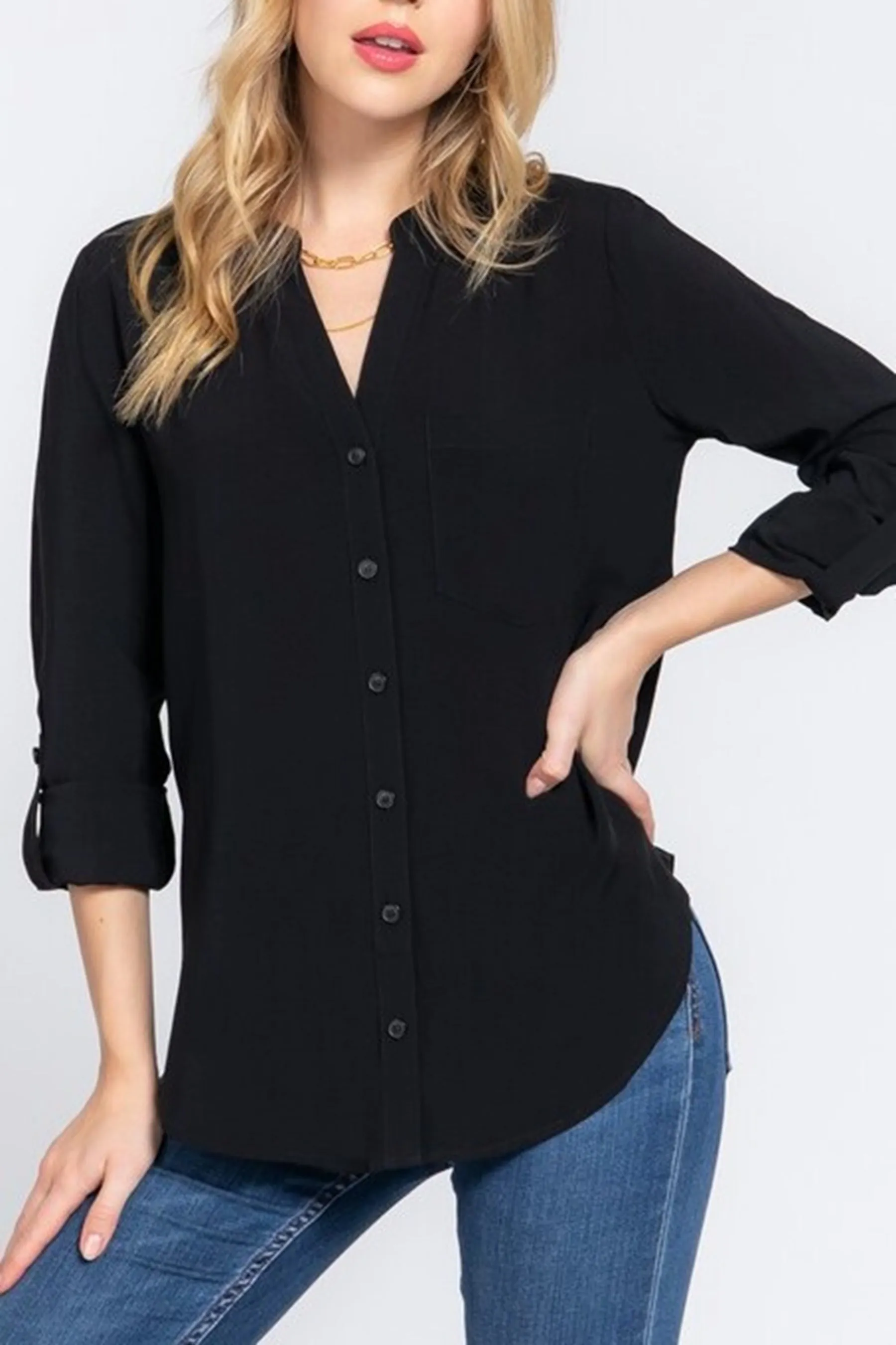 Women's Casual Long Sleeve Split Round Neck Button Down Shirt