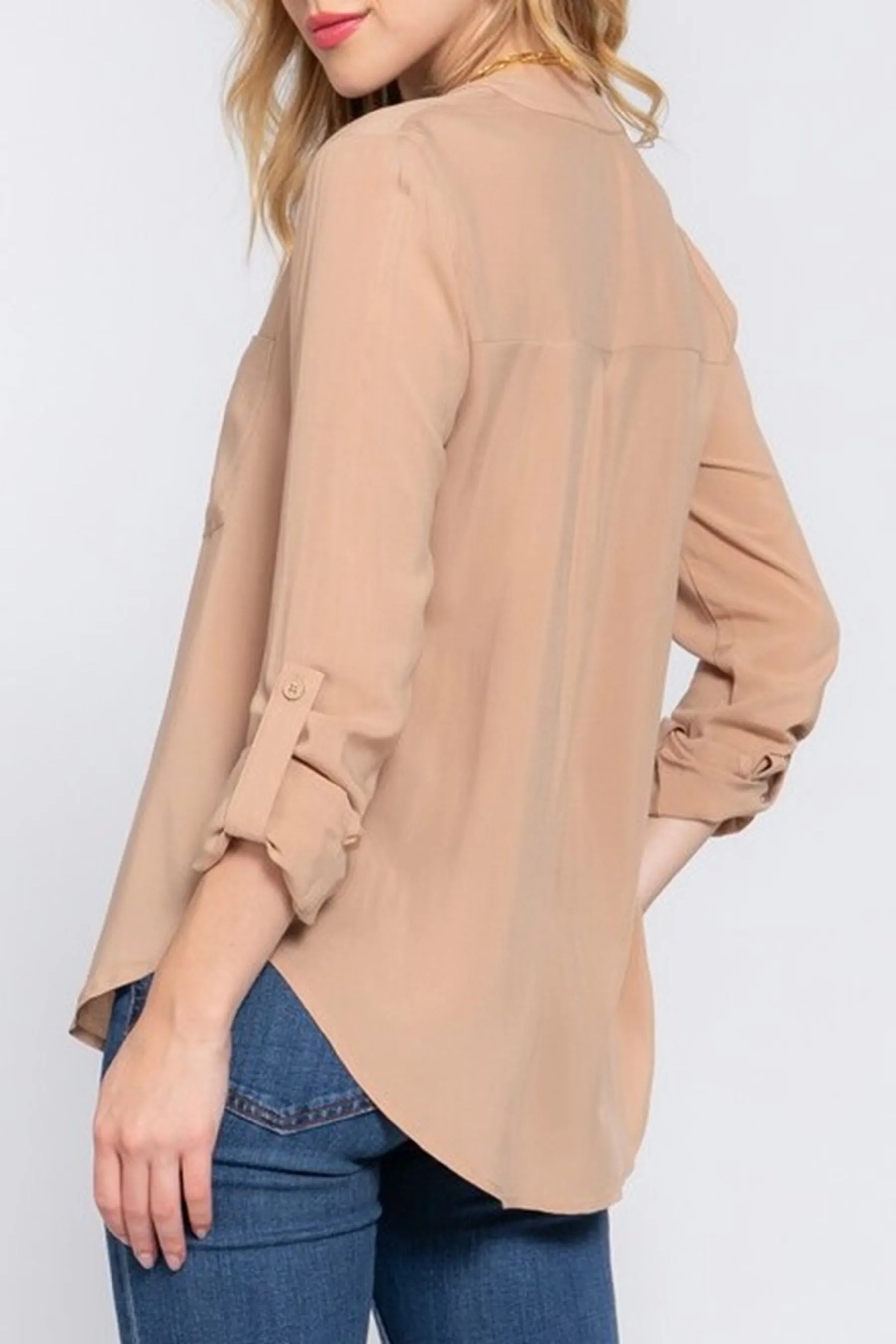 Women's Casual Long Sleeve Split Round Neck Button Down Shirt