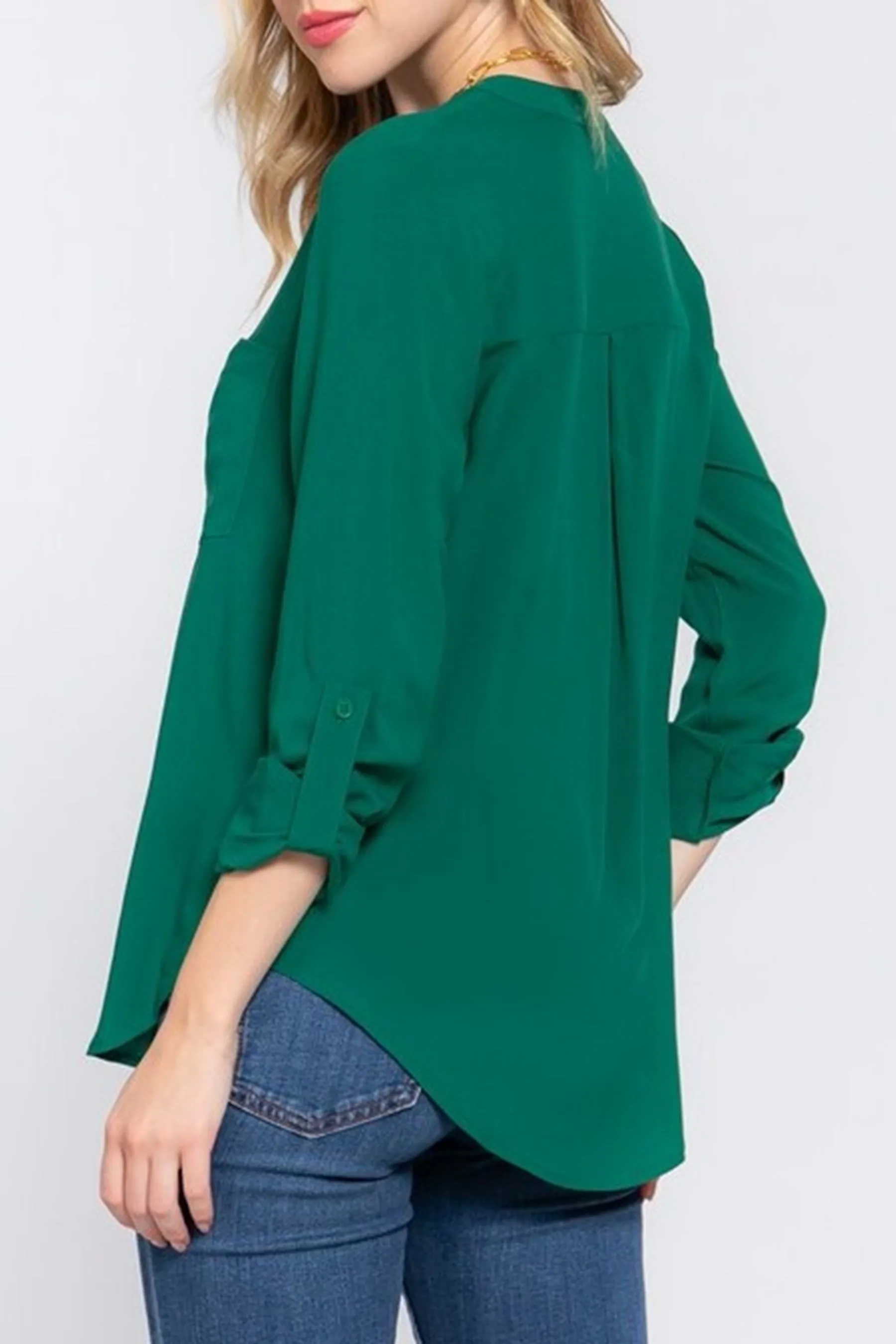 Women's Casual Long Sleeve Split Round Neck Button Down Shirt