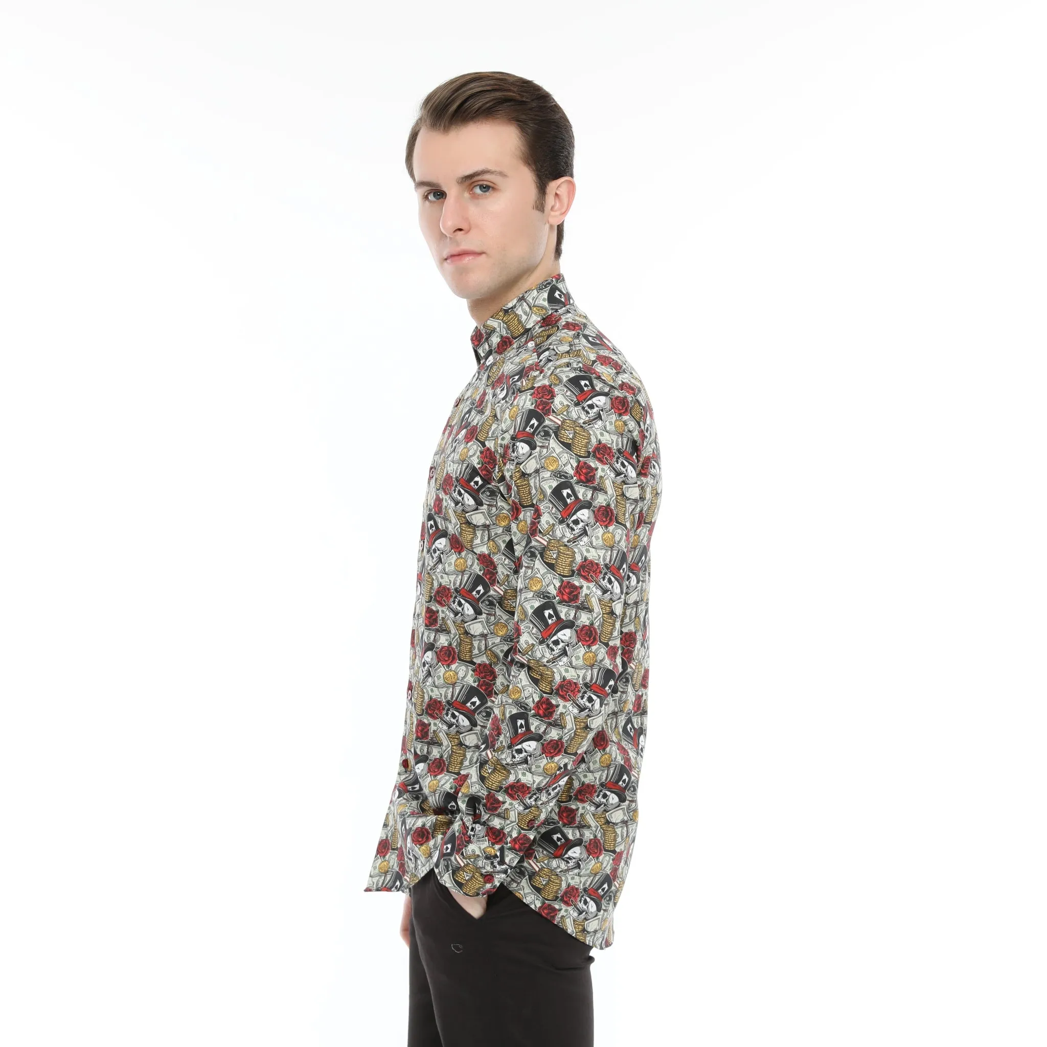 Xact Men's Gambling Skulls Print Long Sleeved Shirt, Regular Fit