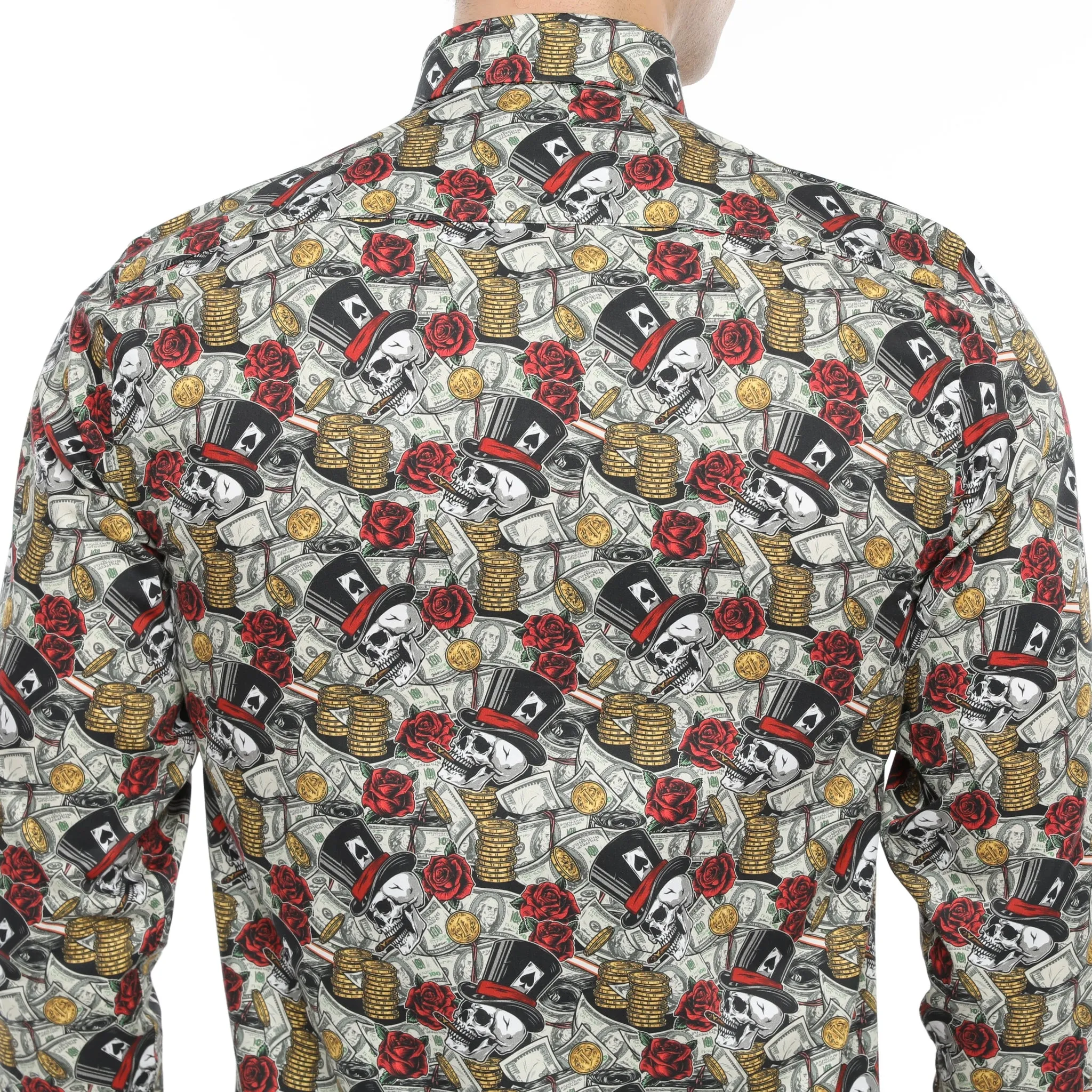 Xact Men's Gambling Skulls Print Long Sleeved Shirt, Regular Fit